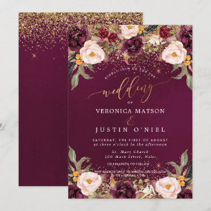 Convite Rustic Burgundy+Blush Watercolor Flowers