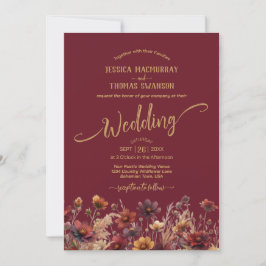 Convite Rustic Burgundy Boho Wildflowers Elegant Wedding