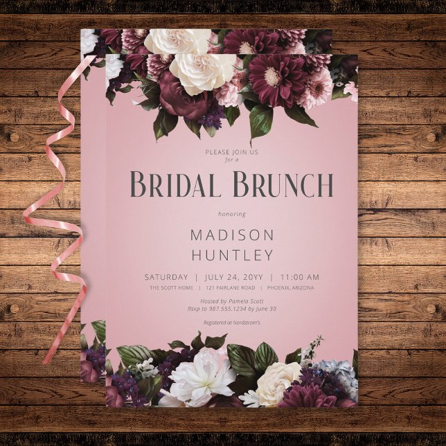 Convite Rustic Burgundy Cream & Pink Floral Bridal Brunch (Rustic Burgundy Cream & Pink Floral Bridal Brunch Invitation)