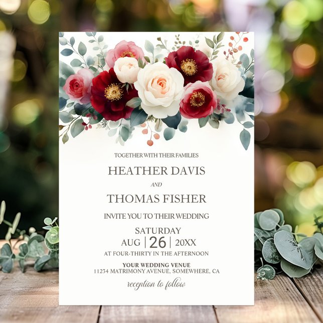 Convite Rustic Burgundy e White Floral Weds (Criador carregado)