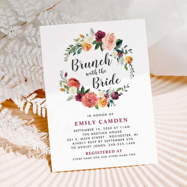 Convite Rustic Burgundy Fall Floral Wreath Bridal Brunch (Criador carregado)