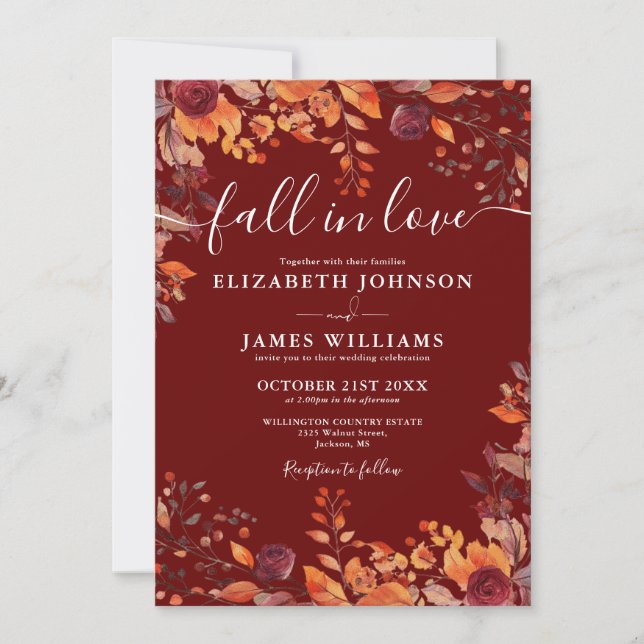 Convite Rustic Burgundy Fall In Love Autumn Floral Wedding (Frente)