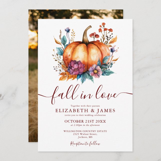 Convite Rustic Burgundy Fall In Love Pumpkin Foto Casament (Frente/Verso)