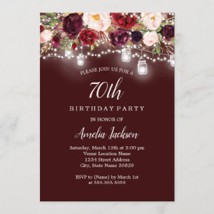 Convite Rustic Burgundy Floral Lights 70 Aniversário
