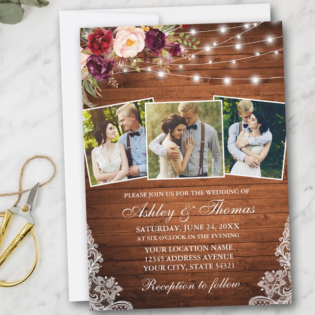 Convite Rustic Burgundy Floral Lights Lace 3 Foto Casament (Customize to add more text or more photos to back of card.)