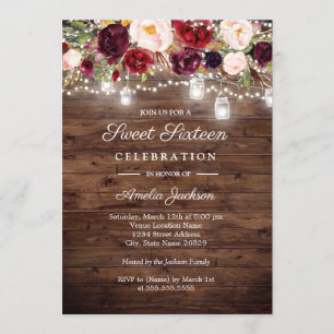 Convite Rustic Burgundy Floral Luzes 16º Doce Dezesseis