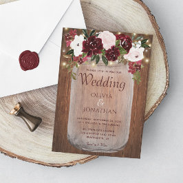 Convite Rustic Burgundy Floral Mason Jar Wedding