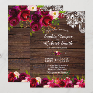 Convite Rustic Burgundy Lace Floral   Barn Wood Wedding
