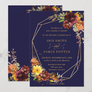 Convite Rustic Burgundy Laranja Floral Geométrico