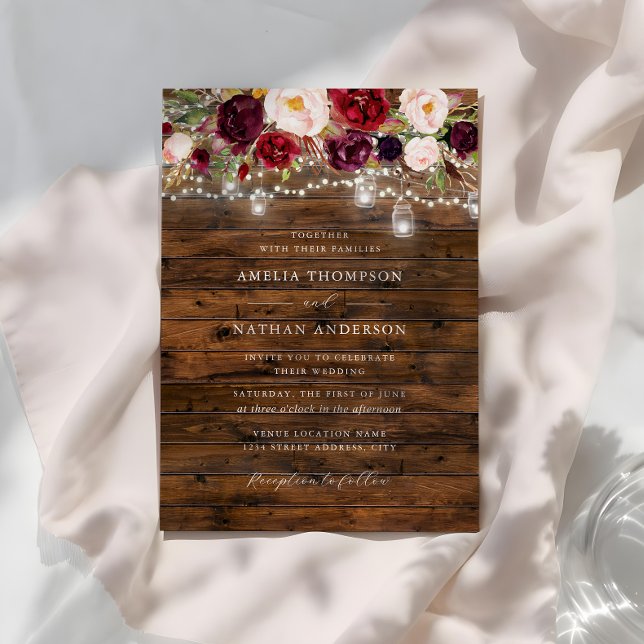 Convite Rustic Burgundy Lights Wedding  (Criador carregado)