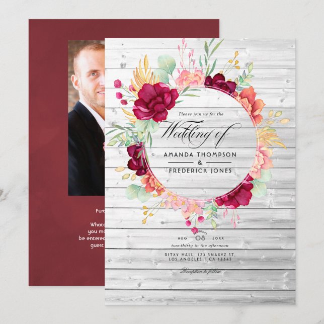 Convite Rustic Burgundy - Marsala e Blush Floral Wedding (Frente/Verso)
