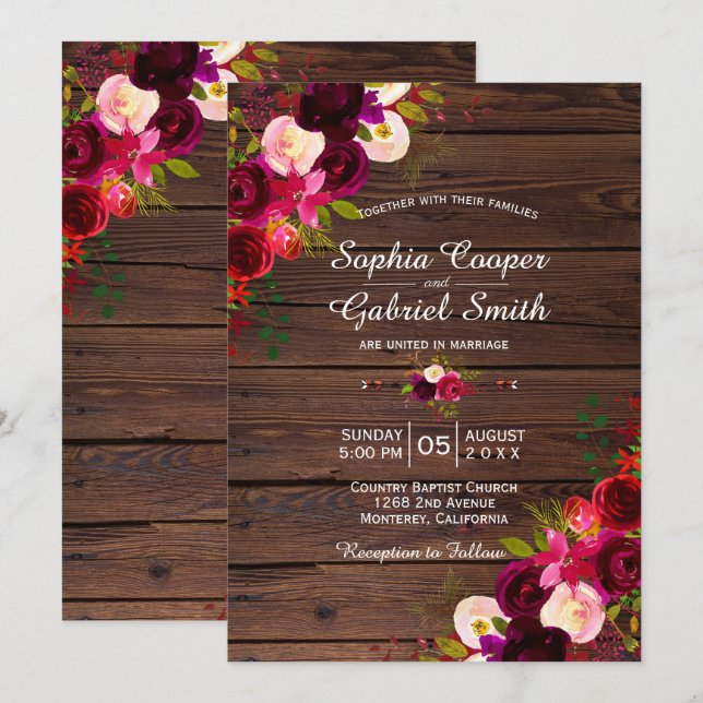 Convite Rustic Burgundy Marsala Floral | Barn Wood Wedding (Frente/Verso)