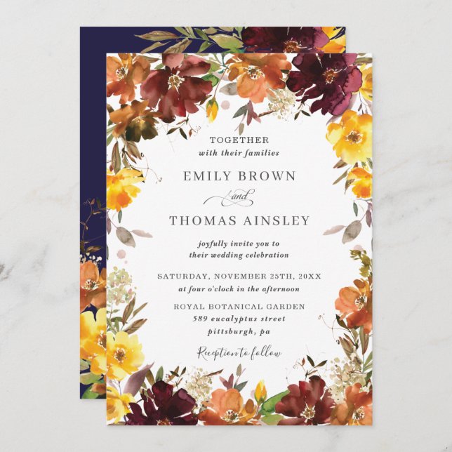 Convite Rustic Burgundy Orange Yellow Floral Casamento out (Frente/Verso)