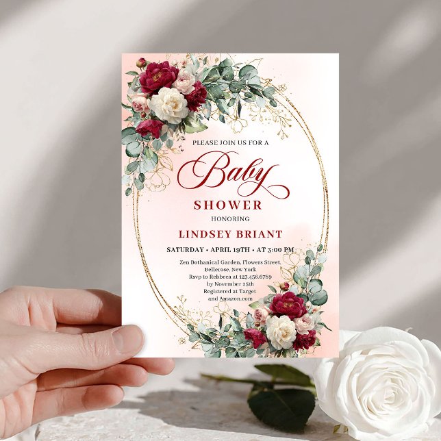 Convite Rustic Burgundy Peony Gold Baby Shower Invite (Rustic Burgundy Peony Gold Baby Shower Invite)