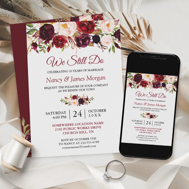 Convite Rustic Burgundy Red Floral Casamento Vow Renewal (Criador carregado)