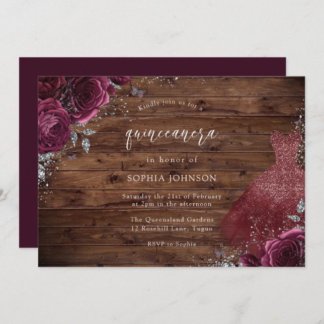Convite Rustic Burgundy Sparkle Rosa Quinceanera (Frente/Verso)