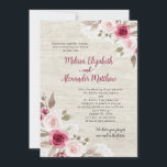 Convite Rustic Burgundy Watercolor Floral Lace Wedding<br><div class="desc">Elegant Script Rustic Burgundy Watercolor Floral Lace Wedding Invitation with wood grain background.</div>
