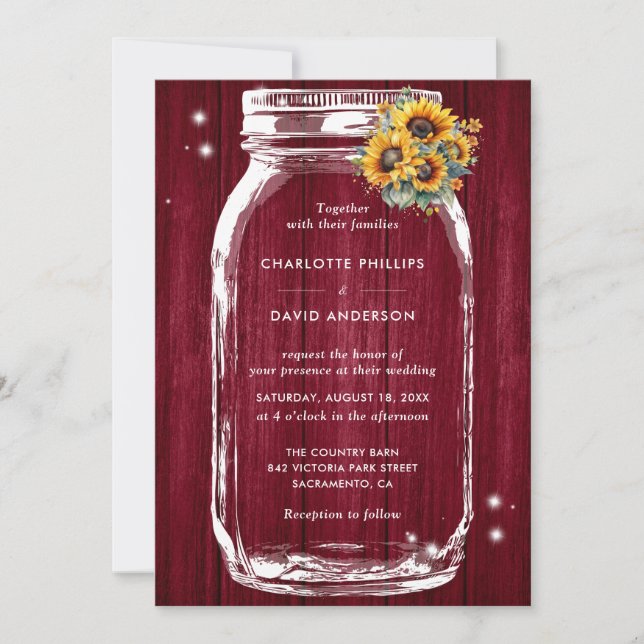 Convite Rustic Burgundy Wood Sunflower Mason Jar Weding (Frente)
