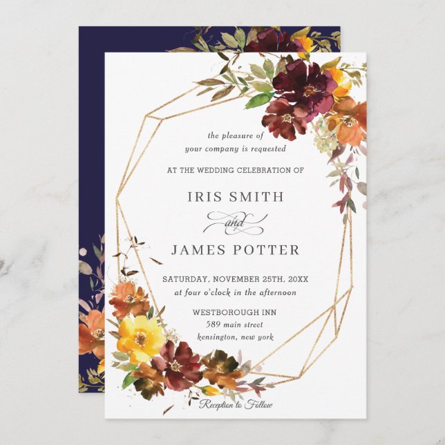 Convite Rustic Burgundy Yellow Floral Casamento Geométrico (Frente/Verso)