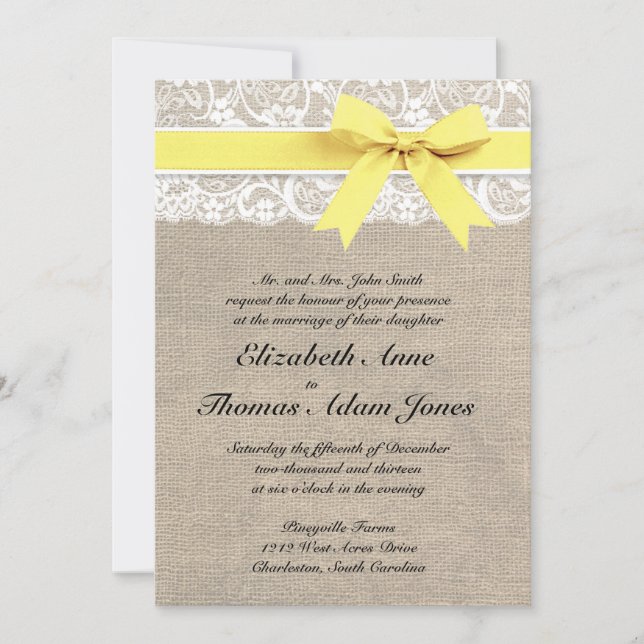 Convite Rustic Burlap Casamento Amarelo (Frente)