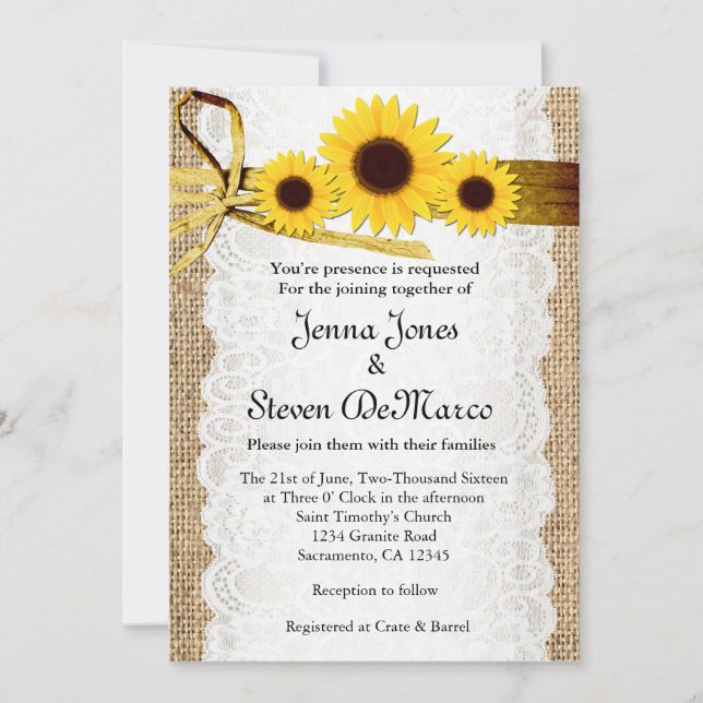 Convite Rustic Burlap, Lace, Sunflower Invitation (Frente)