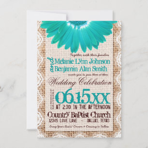 Convite Rustic Burlap Lace Teal Daisy Casamentos
