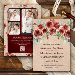 Convite Rustic Burlap Marsala Foto Floral Código QR Casame