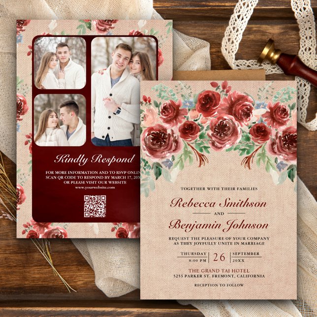 Convite Rustic Burlap Marsala Foto Floral Código QR Casame (Criador carregado)
