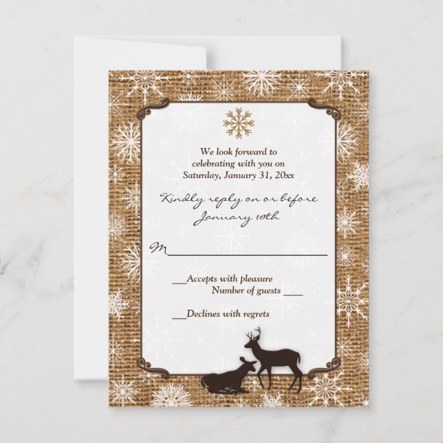 Convite Rustic Burlap, Snowflakes e Deer Weds RSVP (Frente)