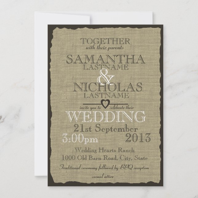 Convite Rustic Burlap, Veja Casamento 5x7 (Frente)