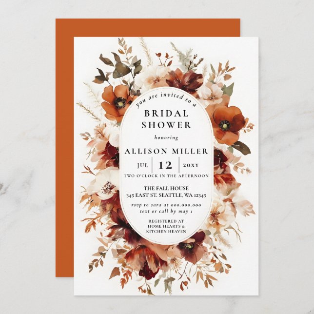 Convite Rustic Burnt Orange Burgundy Fall Bridal Shower (Frente/Verso)