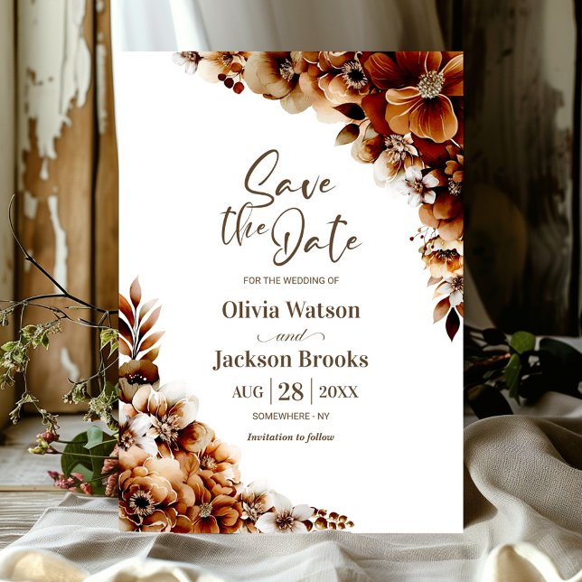 Convite Rustic Burnt Orange Floral Casamento Salva a Data (Criador carregado)