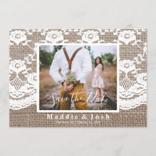 Convite Rustic Casual Burlap and Lace Salvar Data