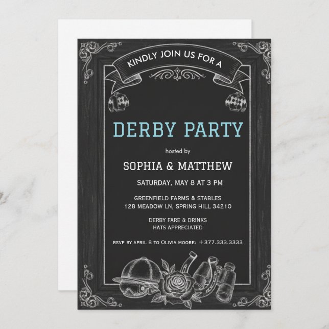 Convite Rustic Chalkboard Derby Party Invitation (Frente/Verso)