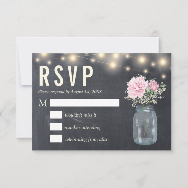 Convite Rustic Chalkboard Peony Floral Mason | Placa RSVP (Frente)