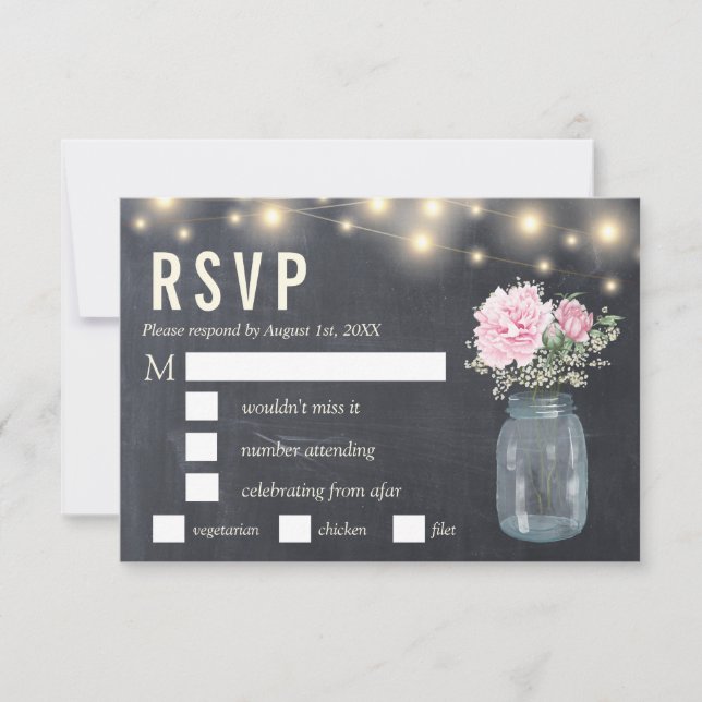 Convite Rustic Chalkboard Peony Floral Mason | RSVP Meal (Frente)
