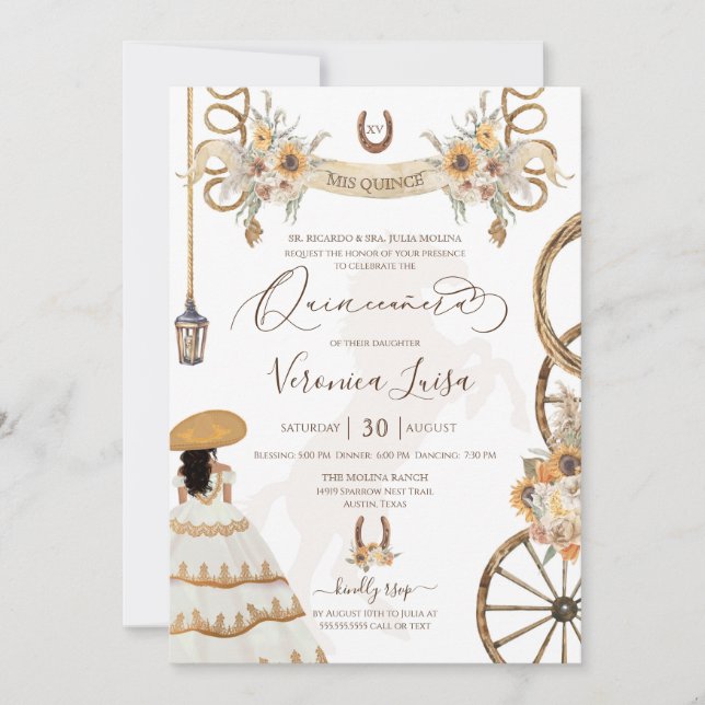 Convite Rustic Charro Floral Boho Country Quinceanera (Frente)