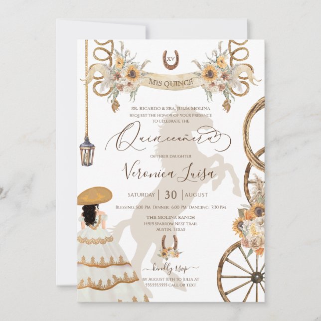 Convite Rustic Charro Floral Boho Country Quinceanera v2 (Frente)