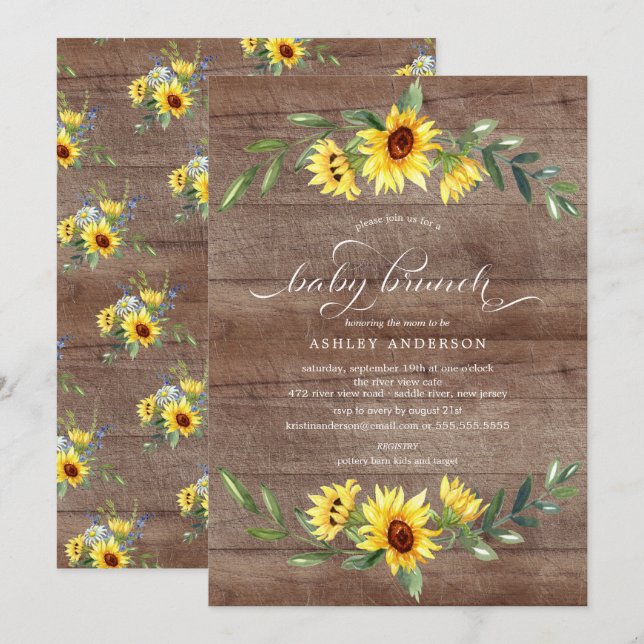 Convite Rustic Cheerful Amarelo Sunflower Baby Brunch (Frente/Verso)