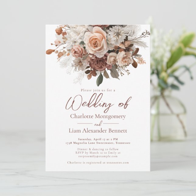 Convite Rustic Chic Elegant Boho Blush Floral Wedding (Em pé/Frente)