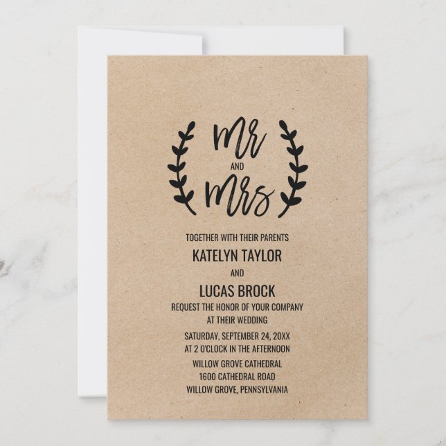 Convite Rustic Chic Faux Kraft Mr & Mrs Wedding (Frente)