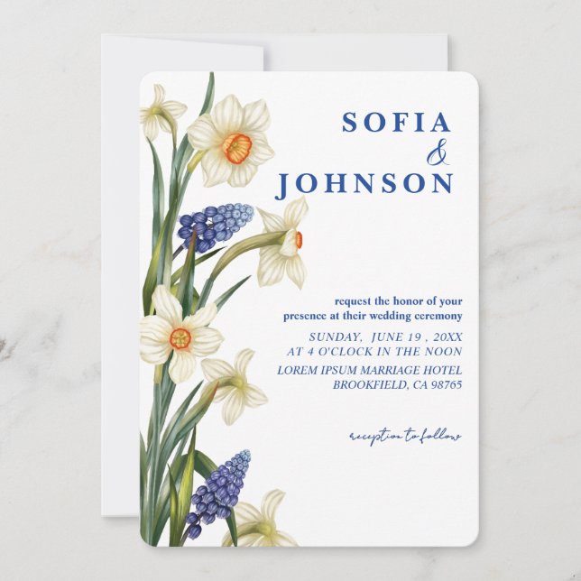 Convite Rustic Chic navy blue and white floral Wedding  (Frente)