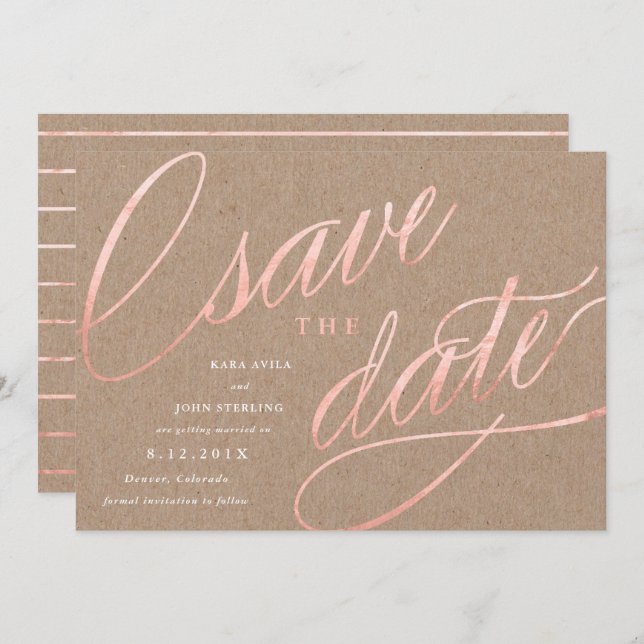 Convite Rustic Chic Rosa Dourado Save the Dates | Rosa Dou (Frente/Verso)