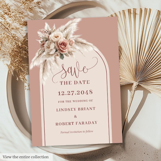 Convite Rustic Chic Rosa Grama de Pampas Arco Save the Dat (Rustic Chic Pink Pampas Grass Arch Save the Date)