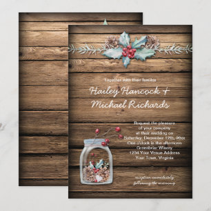 Convite Rustic Christmas Holly deixa Berries Mason Jar