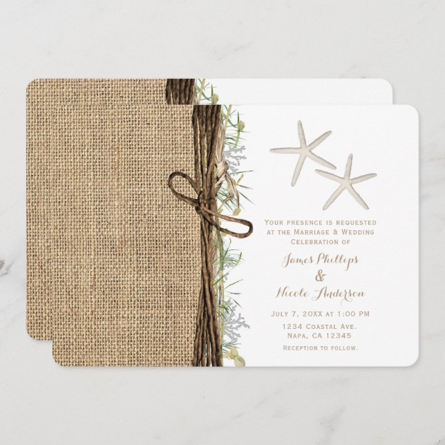 Convite Rustic Coastal Beach Starfish Burlap & Greenery (Frente/Verso)