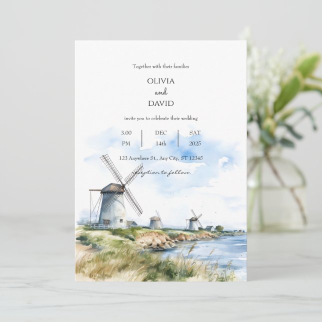 Convite Rustic Coastal Windmills Sea View Backdrop Casamen (Em pé/Frente)