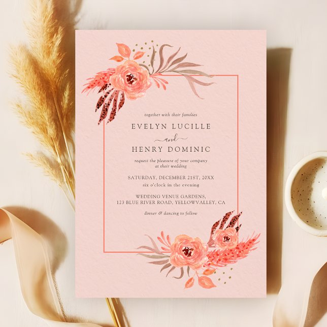 Convite Rustic Coral Pink Floral Terracotta Wedding (Criador carregado)