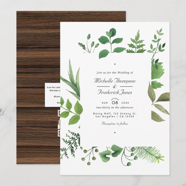 Convite Rustic Country Barn Greenery Código QR Casamento R (Frente/Verso)