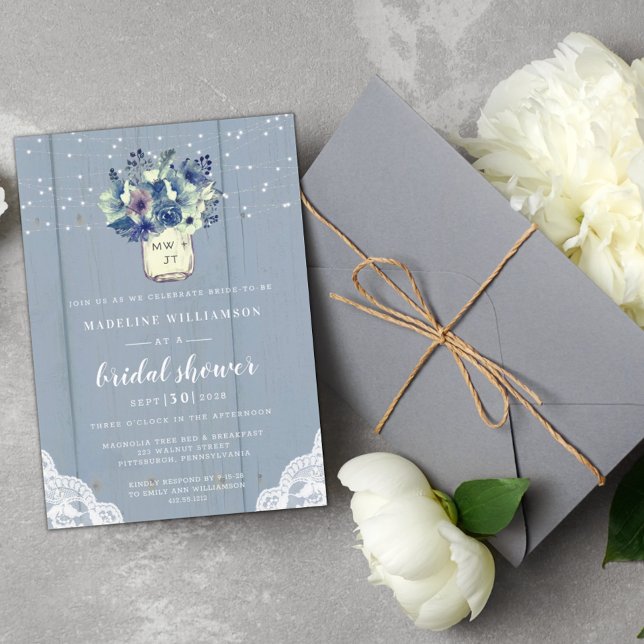 Convite Rustic Country Blue Mason Jar Wood Chá de panela I (Criador carregado)